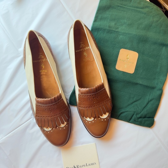 Men's Polo Ralph Lauren Brown and White Oxfords Loafers Size 11D Made in Italy - Picture 1 of 8